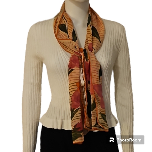 VTG HALSTON 1970s Floral Striped Rolled Edge Silk Fairycore Scarf - Picture 4 of 10